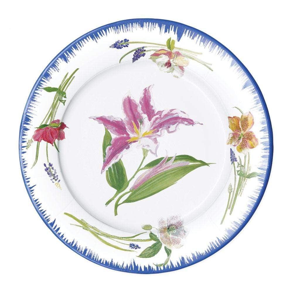 A disposable paper premium plate with hand-painted flowers.