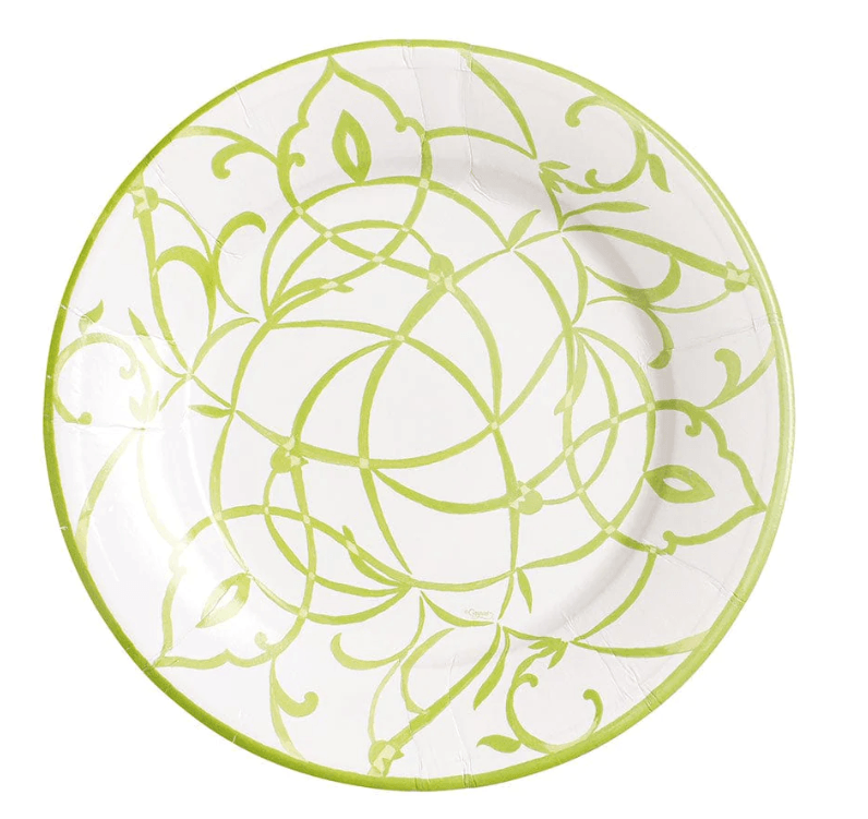A decorative paper plate with an oriental olive green design, perfect for parties and special occasions.
