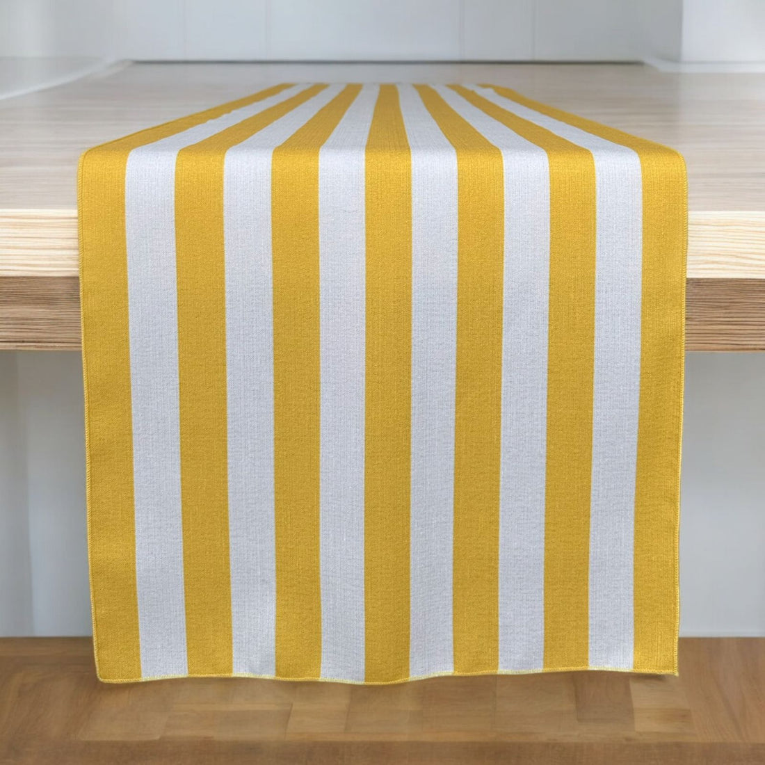 YELLOW STRIPES TABLE RUNNERS: Premium linen table runner with yellow and white stripes, ideal for enhancing elegant tabletops at events and special occasions.
