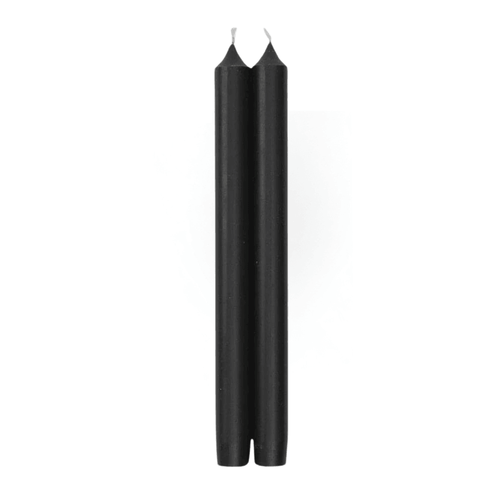 A pair of elegant black 10-inch crown candles with a clean-burning, lead-free cotton wick. Perfect for adding warmth and charm to your table.