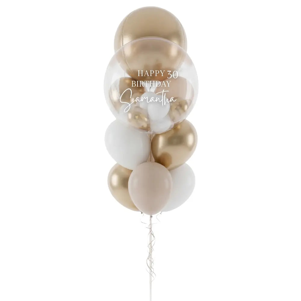 Signature Celebration Bouquet featuring a personalized balloon with Happy 30th Birthday Samantha surrounded by elegant metallic balloons, perfect for milestone celebrations.