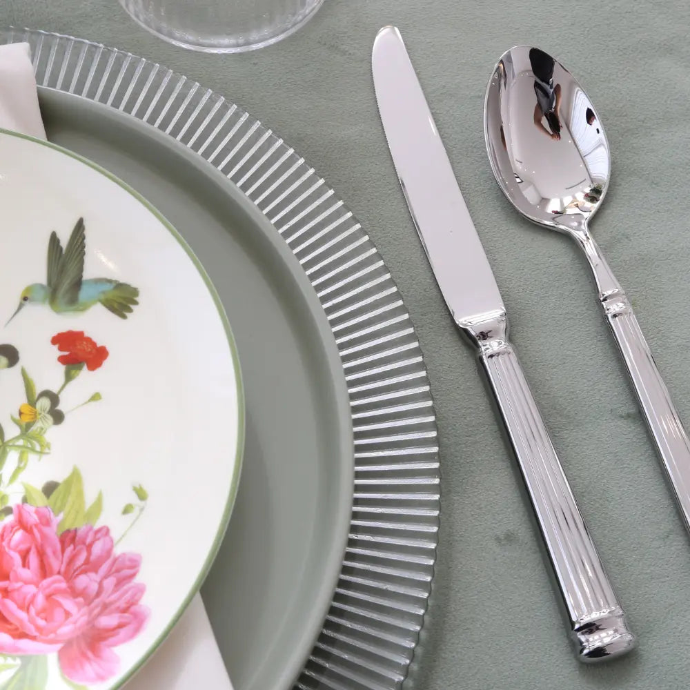 VINTAGE FLORAL PLATES: Hand-painted flowers and hummingbird on an elegant salad plate, layered on a grey dinner plate and ribbed charger.