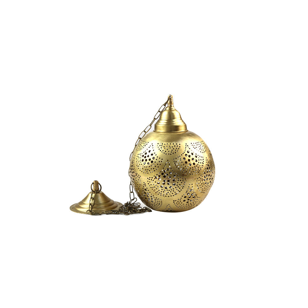 Brass Hanging Lantern in Gold, featuring intricate holes, designed for candle placement. Ideal for elegant party and event decor from Party Social.
