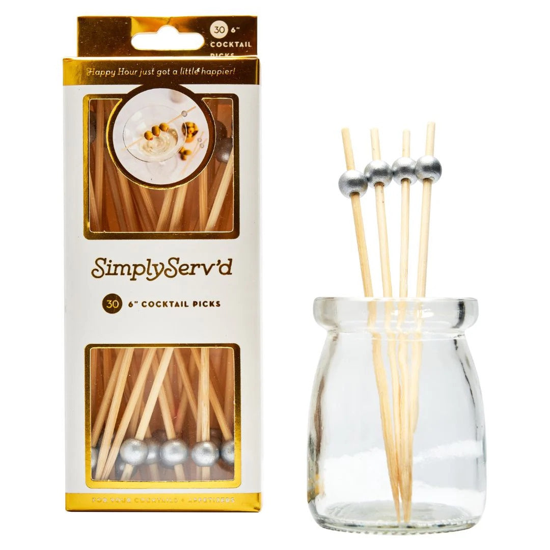 A box of compostable Silver Wood Party Picks in a glass jar, perfect for adding style to parties and events. Enhance your buffet table with these elegant picks from Party Social.