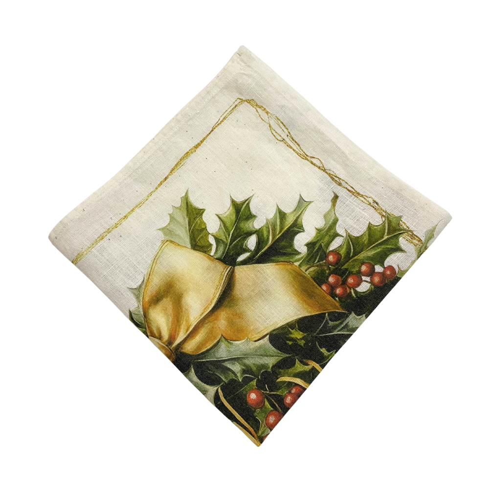 Golden Carol Linen Napkin, featuring holly leaves and red berries print, adds elegance to festive table settings. Perfect for enhancing Christmas meals. Sold in packs of four.
