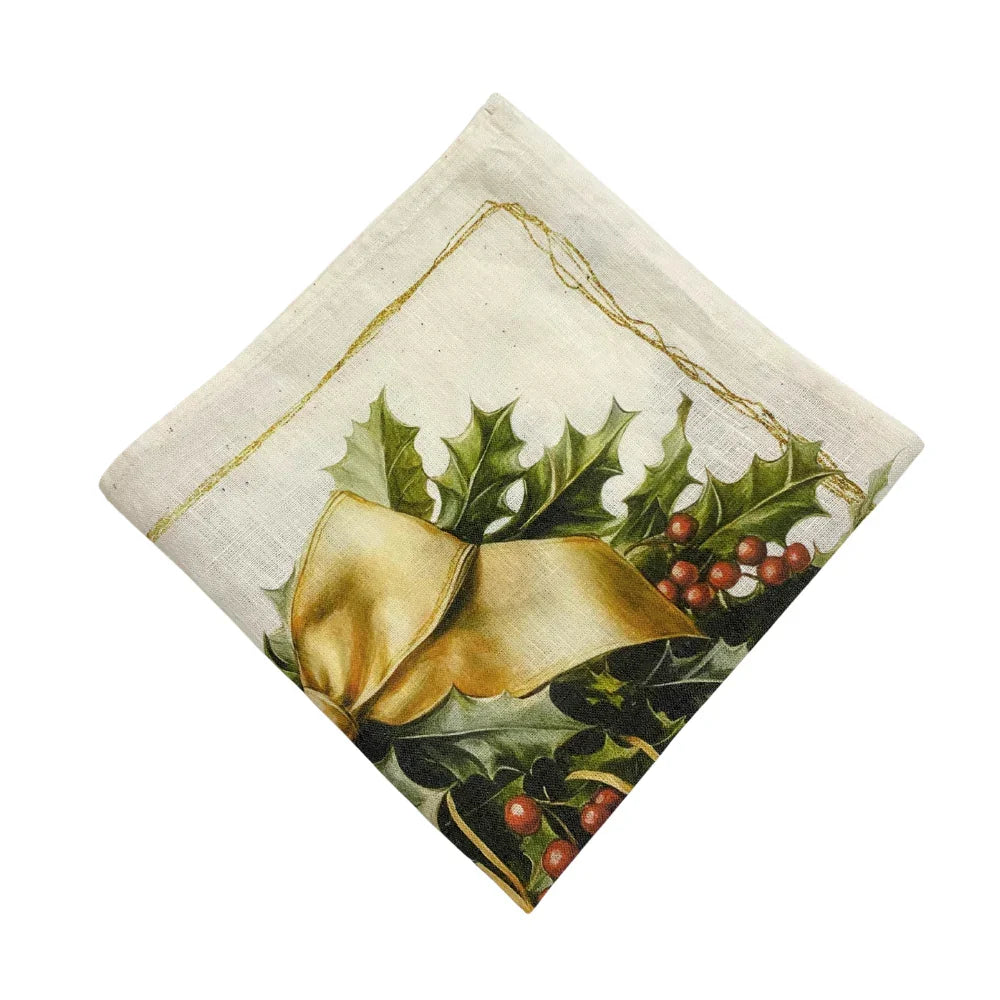 Golden Carol Linen Napkin, featuring holly leaves and red berries print, adds elegance to festive table settings. Perfect for enhancing Christmas meals. Sold in packs of four.