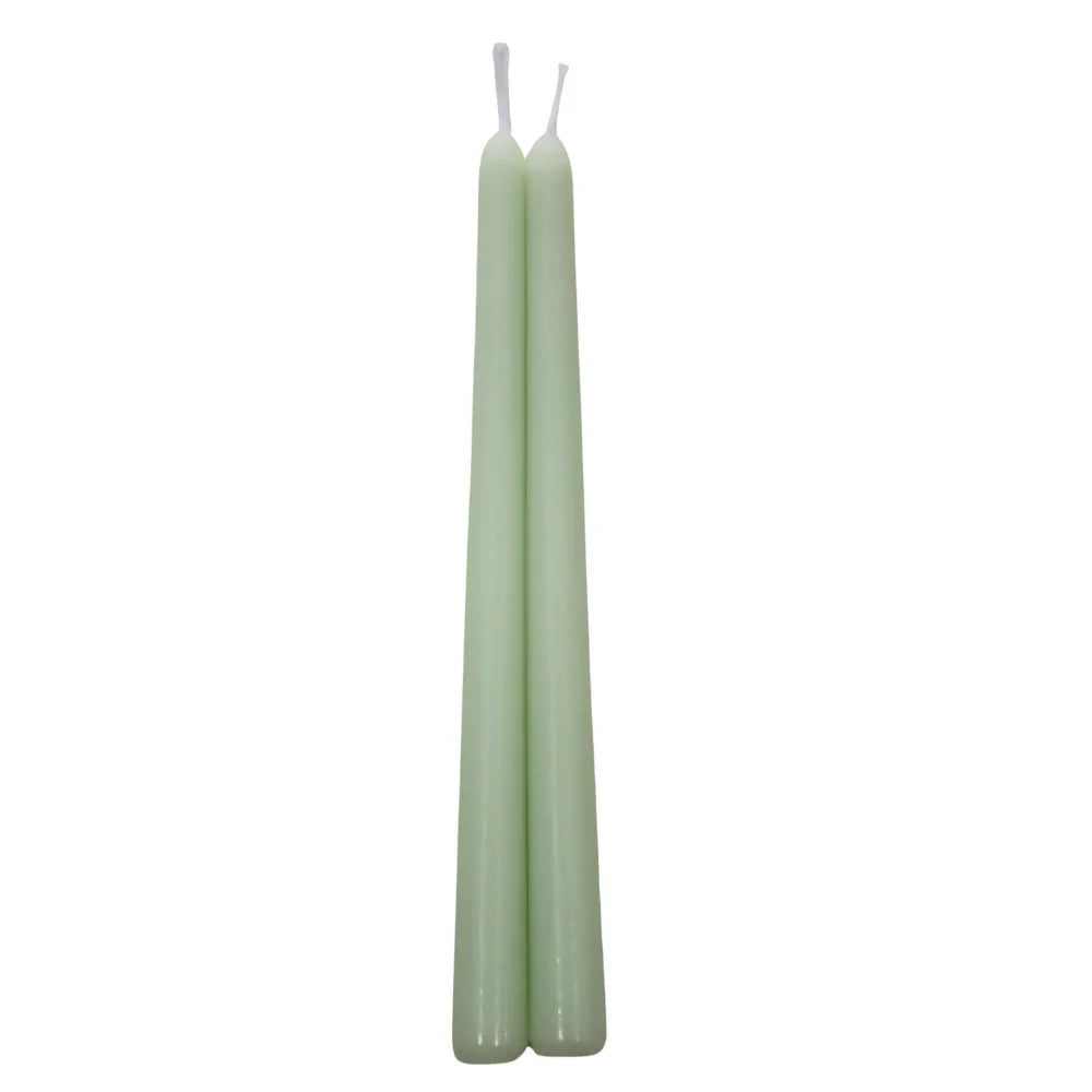 Tapered Flame Smokeless Candles, slender and pale green, perfect for adding elegance and warm ambience to any event setting. Sold in sets of two.