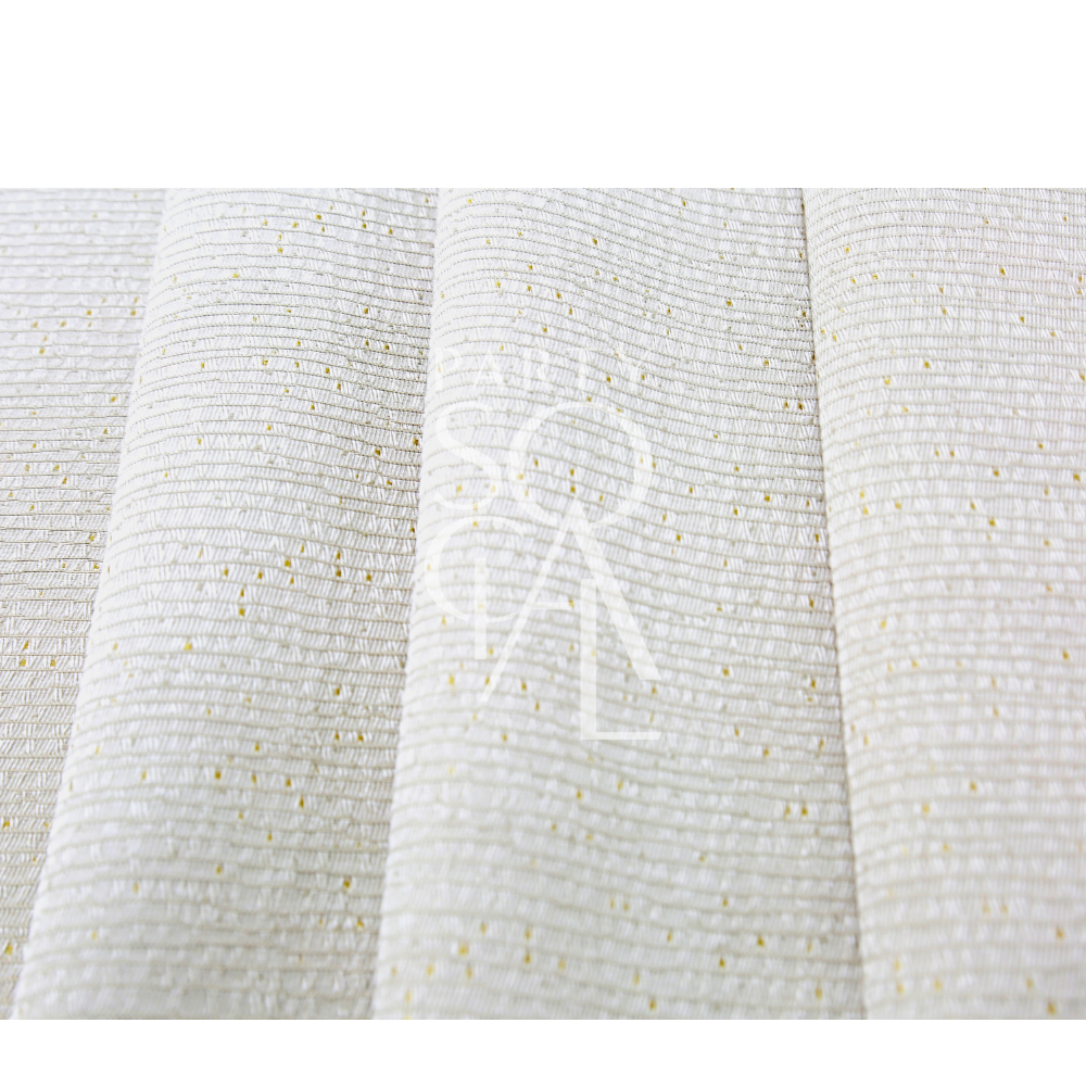 TEXTURED IVORY FABRIC WITH GOLD SPECS: Close-up of an off-white, ribbed textile with metallic-gold flecks, showcasing gentle folds, ideal for elegant event decor.