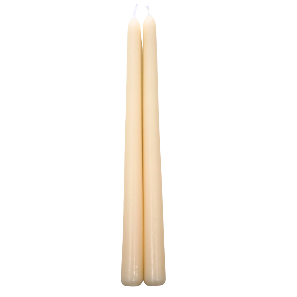 Tapered Flame Smokeless Candles, ivory-colored, artisan-made in Belgium, perfect for adding elegance to any event setting. Sold in sets of two.