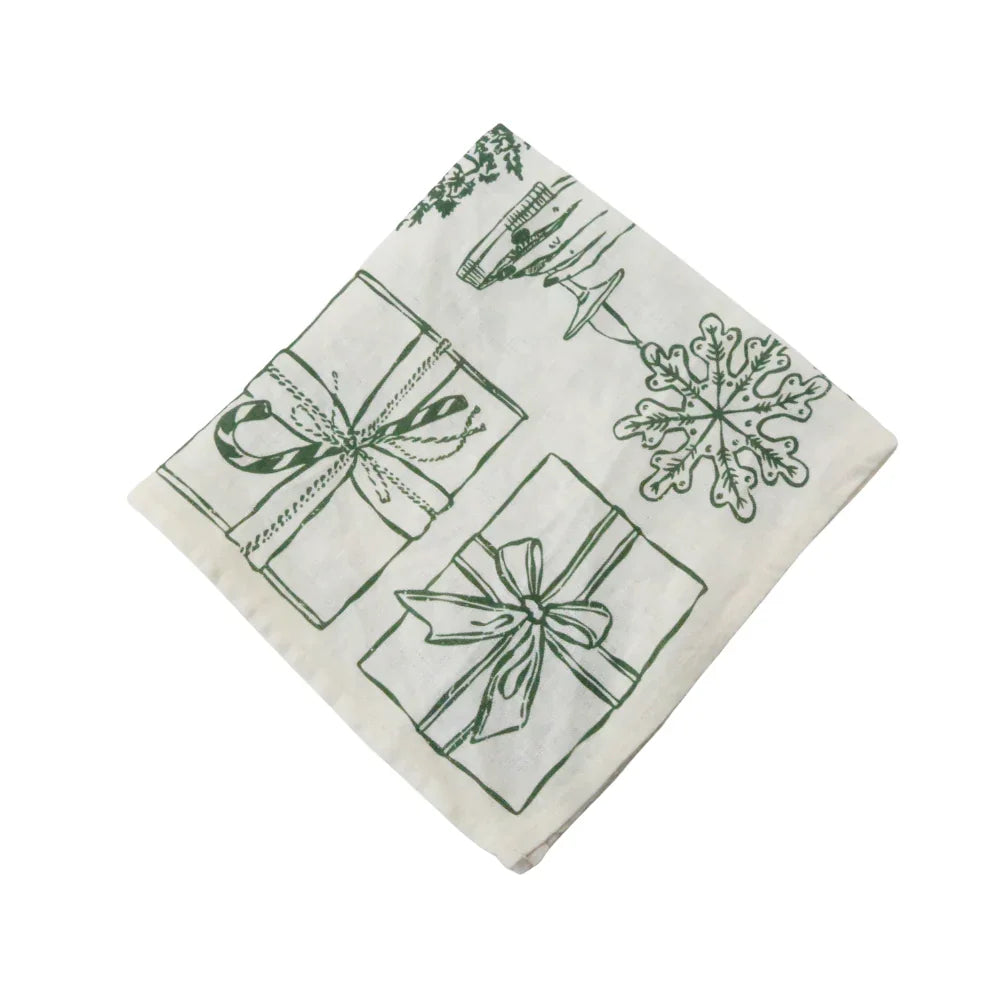 Holiday Icon Linen Napkin, featuring festive line-drawings of gift boxes and ornaments, perfect for enhancing your Christmas table setting. Comes in a pack of four.