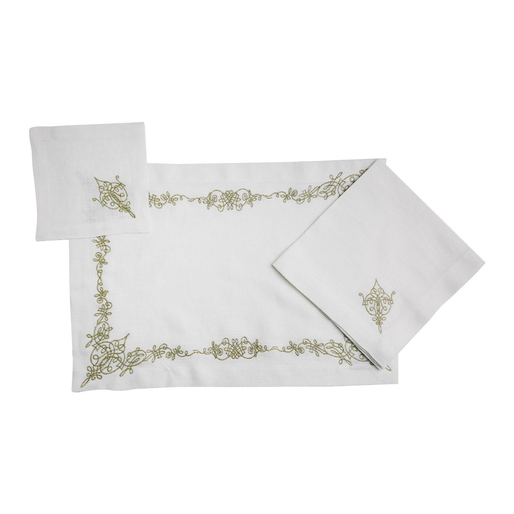 Ornament Pure Linen Coaster - 4 per pack, a white placemat with gold embroidery, perfect for elegant table setups.