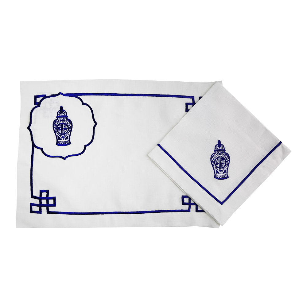 Blue Chinoiserie Pure Linen Placemat - An elegant white placemat with blue designs, perfect for special table setups.