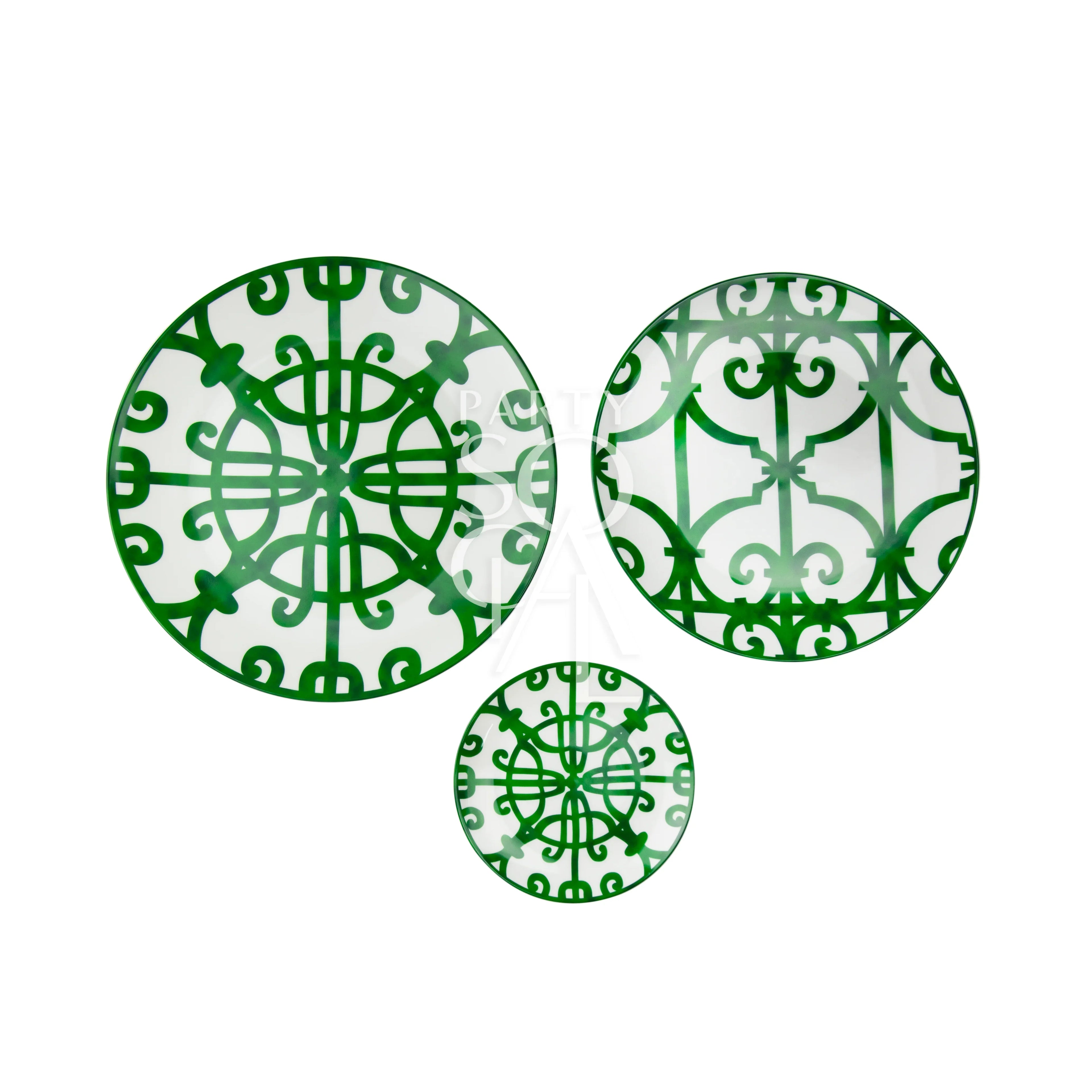 GREEN & BOLD PLATES featuring intricate designs, perfect for rustic or boho-themed events. Ideal for enhancing indoor or outdoor tablescapes with warmth.