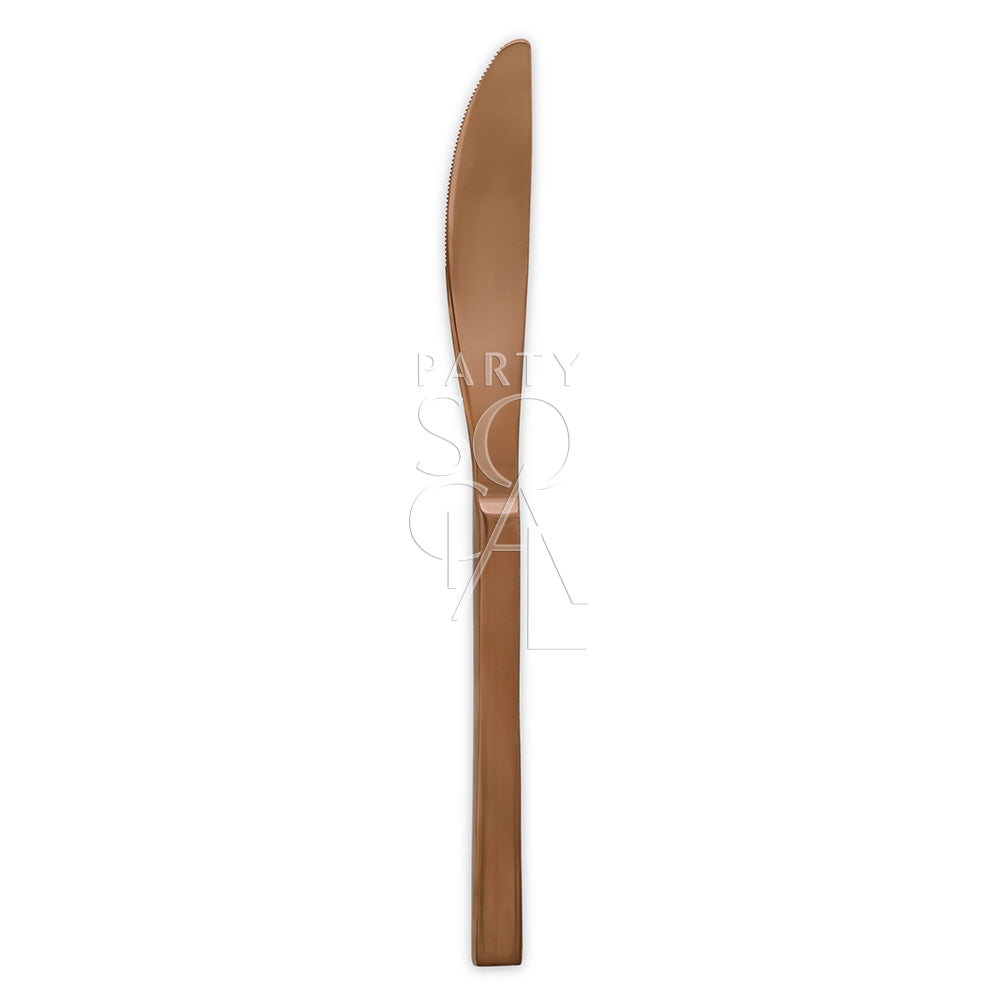 CUTLERY ROSE GOLD: A detailed view of a knife featuring a wooden handle, ideal for enhancing elegant tablescapes, available at Party Social.