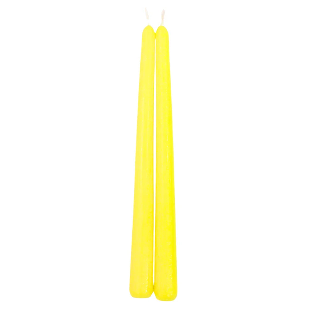 Tapered Flame Smokeless Candles, two tall, slender yellow candles, artisanally crafted in Belgium, ideal for adding elegance to any event setting. Sold as a set of two.