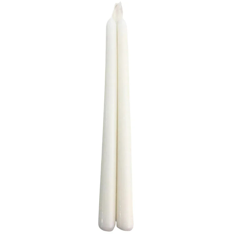 Tapered Flame Smokeless Candles, two artisan-crafted white tapers, unlit, ideal for adding a warm ambience to party or event settings.