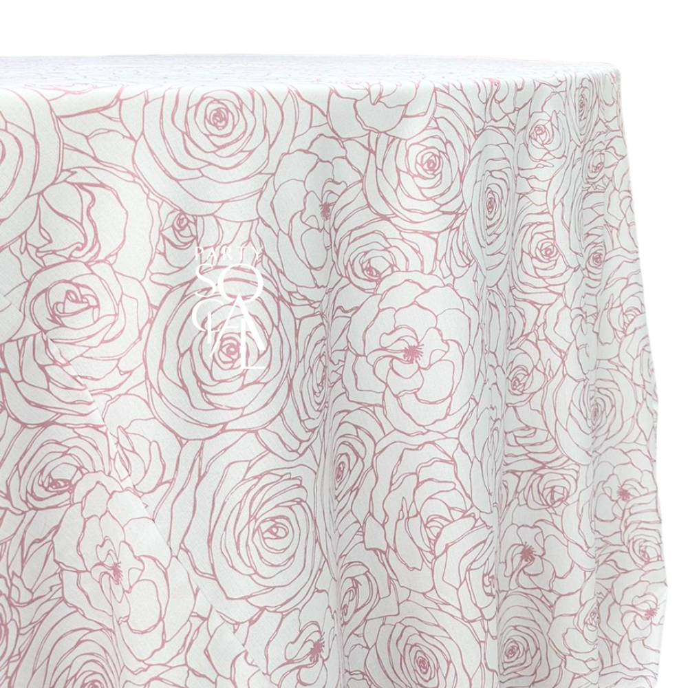 PINK FLORAL ROUND TABLECLOTH featuring a white base with elegant pink floral patterns, perfect for enhancing any dining setup or event.