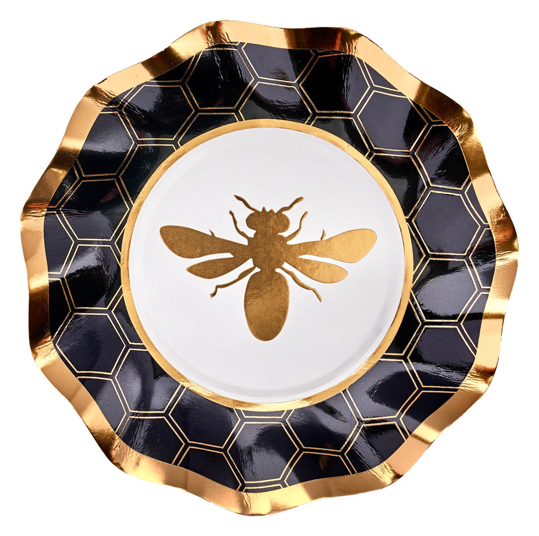 HoneyBee Paper Appetizer &amp; Dessert Bowls - 8 per package, featuring a ruffled edge design with a metallic gold rim. Perfect for adding elegance to events. Bee motif on a gold oval plate.