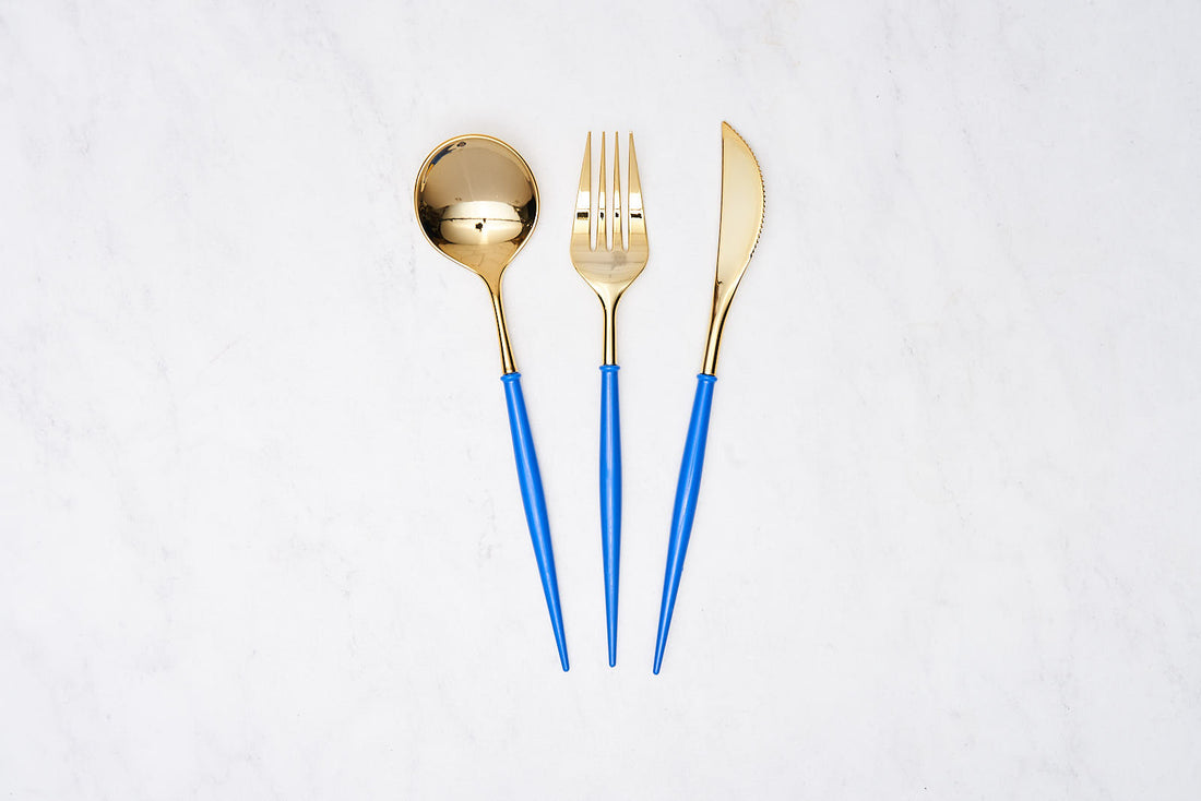 Bella Plastic Cutlery in Gold and Blue