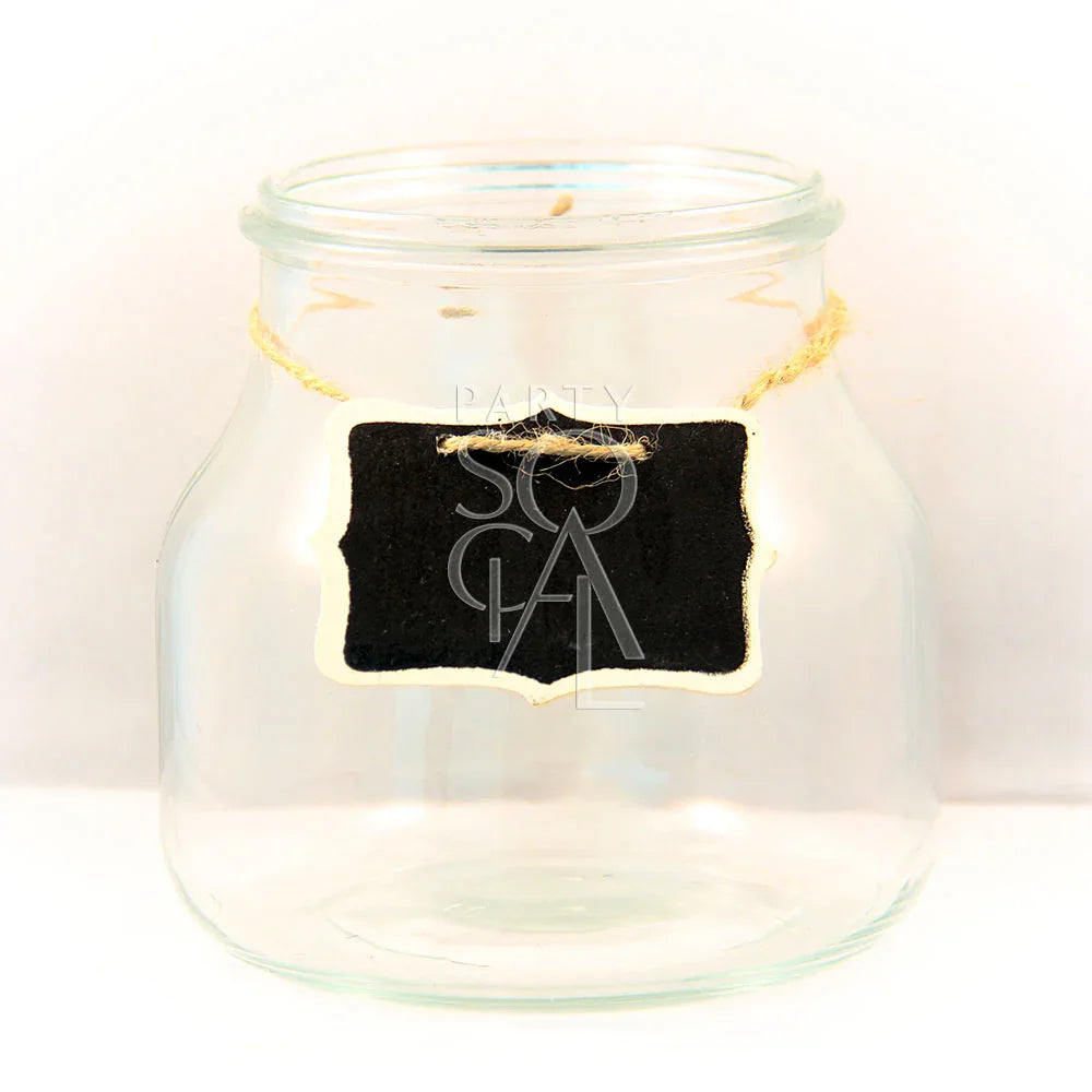 VINTAGE GLASS VASE in a mason jar style, featuring a black label. Ideal for event decor, versatile for flowers or themed displays.