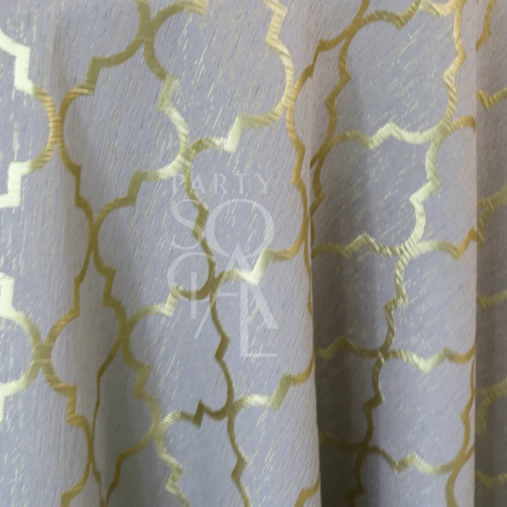 Golden Lattice Tablecloth featuring a metallic gold trellis design on a pale base, ideal for elegant events like weddings or evening parties.