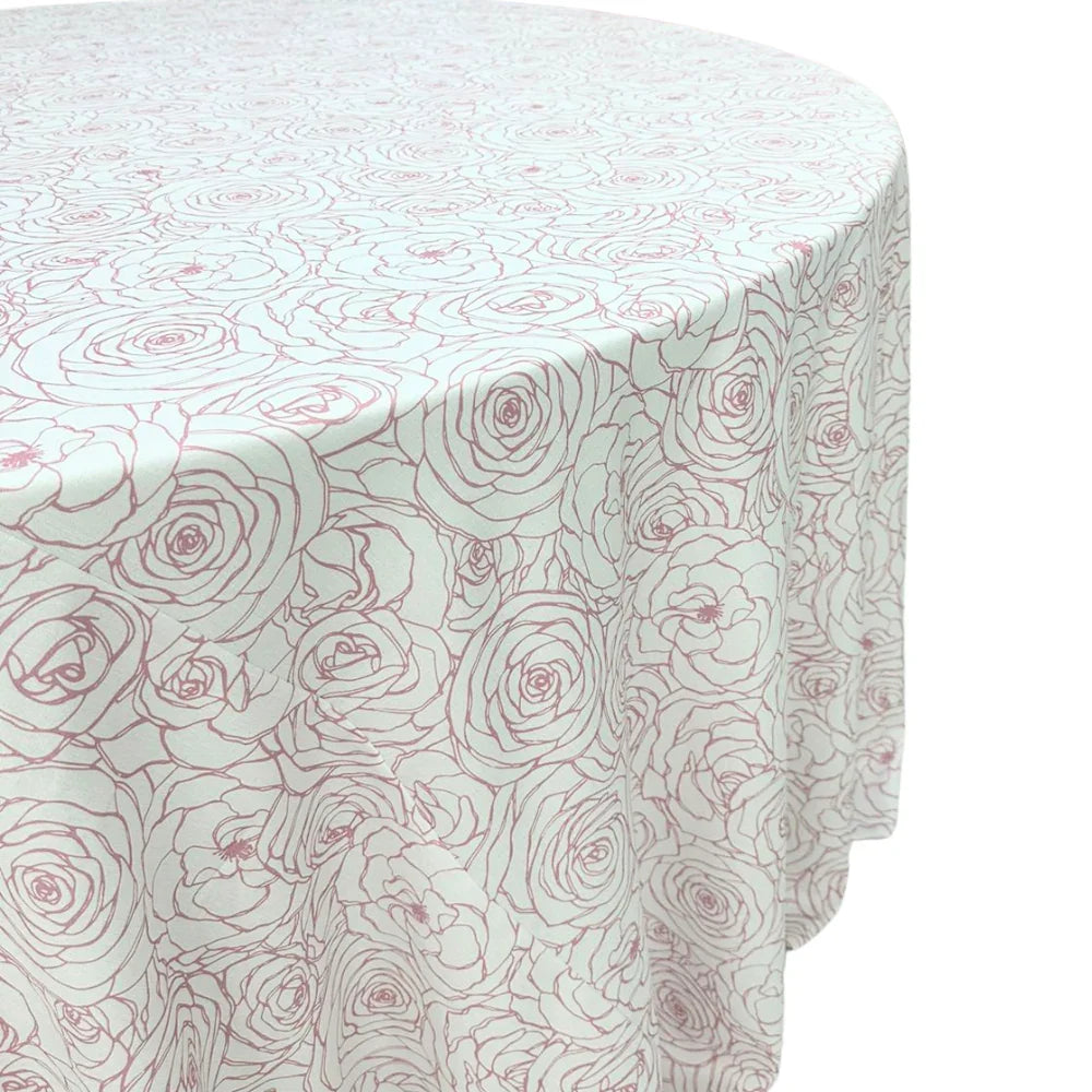 Pink Floral Round Tablecloth featuring a rose pattern, perfect for enhancing dining setups at weddings or special events. Suitable for both rental and purchase from Party Social.