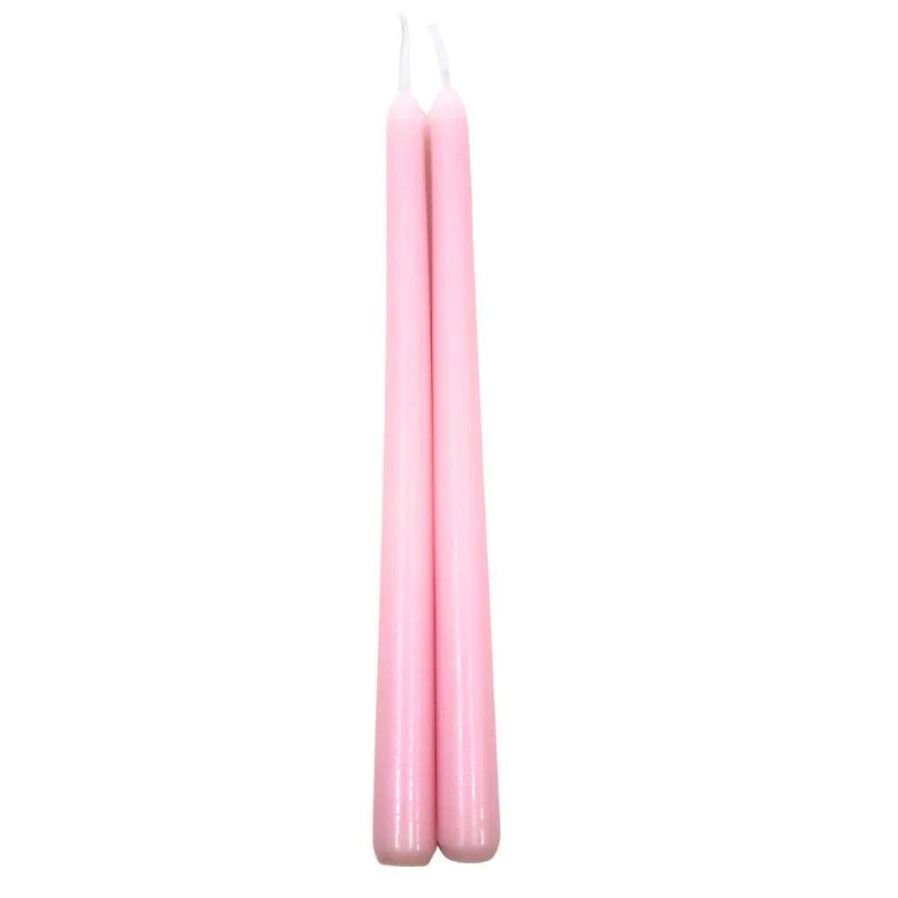 Tapered Flame Smokeless Candles: Two artisan-crafted, unlit pink taper candles, perfect for adding elegance and warmth to any party or event setting. Sold in pairs.