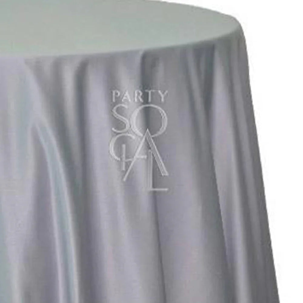 Round satin tablecloth featuring a subtle logo, perfect for enhancing any special occasion. Available in various colors, dimensions 335cm Dia.