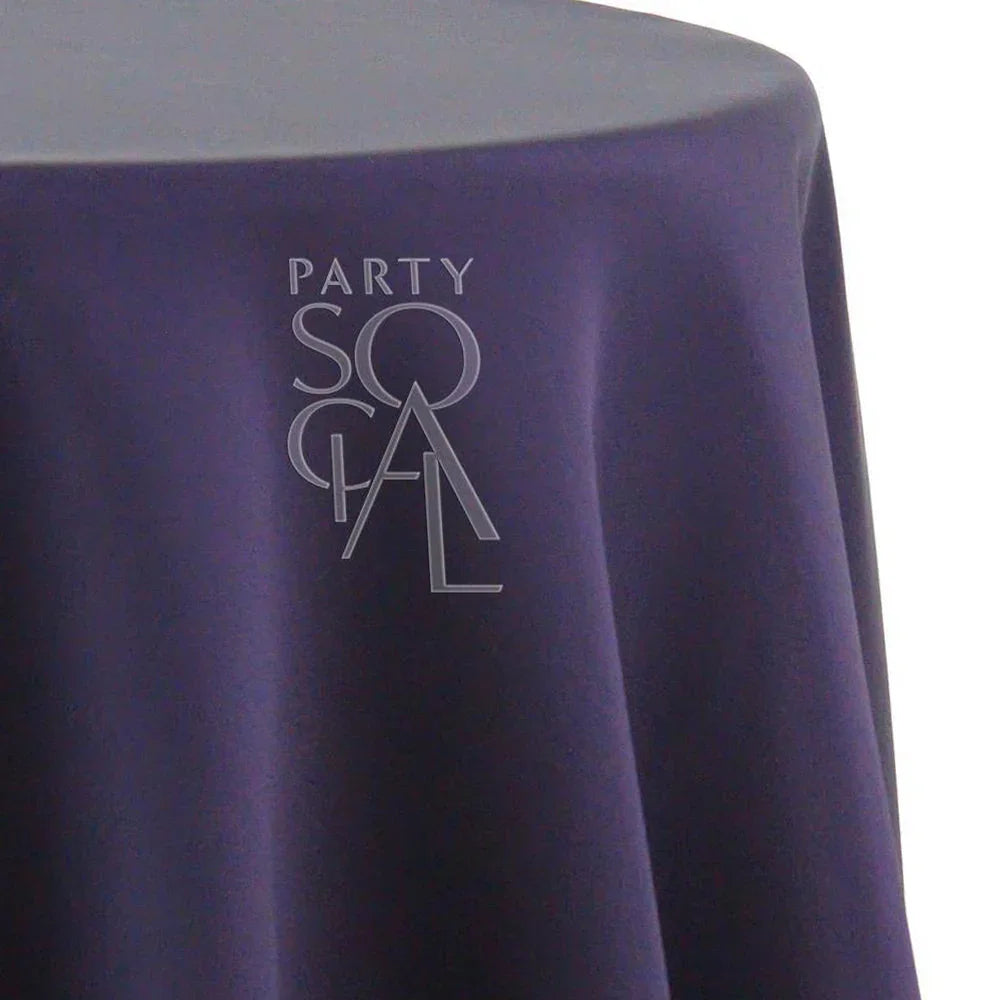 Round Tablecloth Satin featuring a subtle logo, ideal for special occasions. Premium quality, dimension 335cm diameter, part of Party Social&