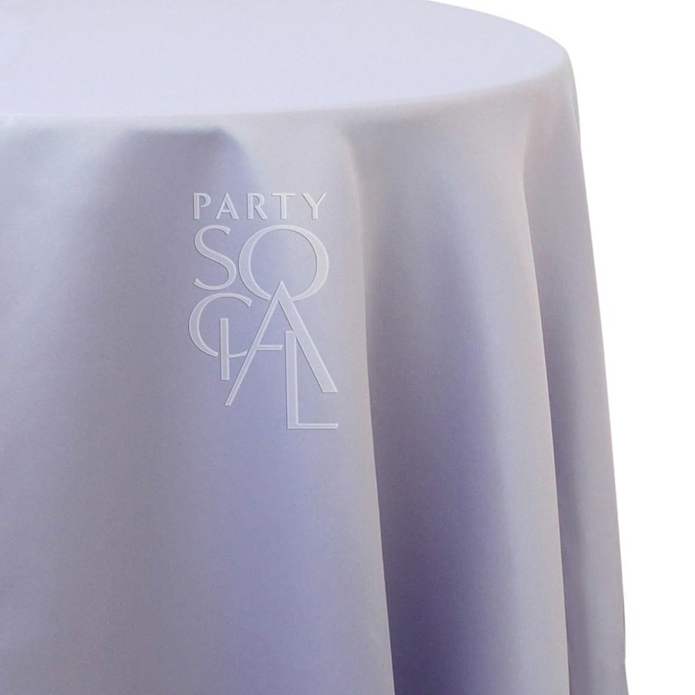 Round satin tablecloth with logo, ideal for special occasions. Suitable for weddings or events, measuring 335cm in diameter.