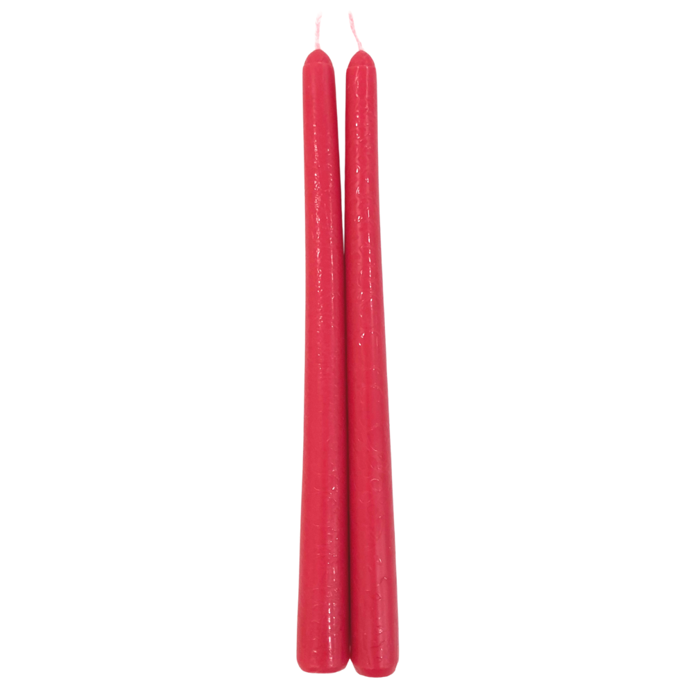 Tapered Flame Smokeless Candles, artisan-made in Belgium, perfect for creating a warm ambience at events. Sold in sets of two red tapered candles.