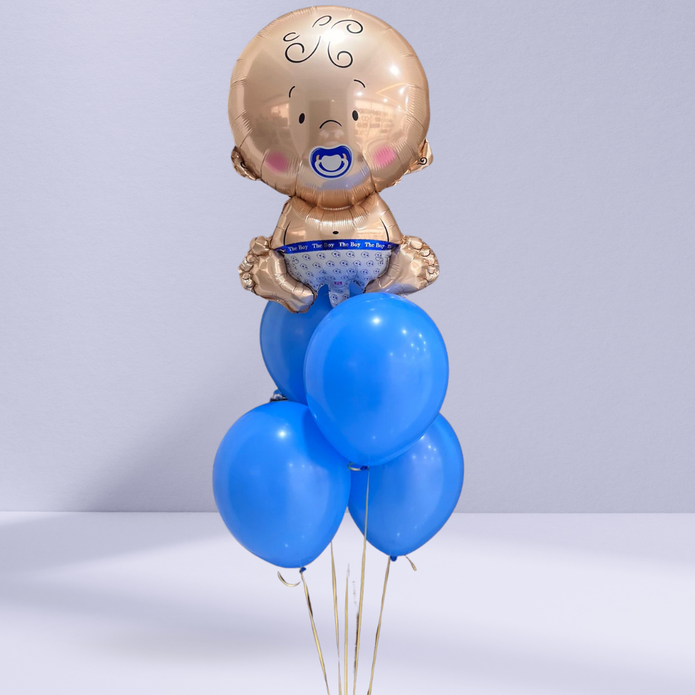 Gender Reveal Helium Balloon featuring a foil baby design atop blue latex balloons, ideal for baby showers or gender reveal parties. Customizable and perfect for festive celebrations.