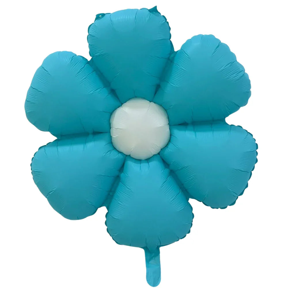 Flower Balloon: A large Mylar balloon shaped like a flower with teal-blue petals and an off-white center, ideal for festive occasions and celebrations.