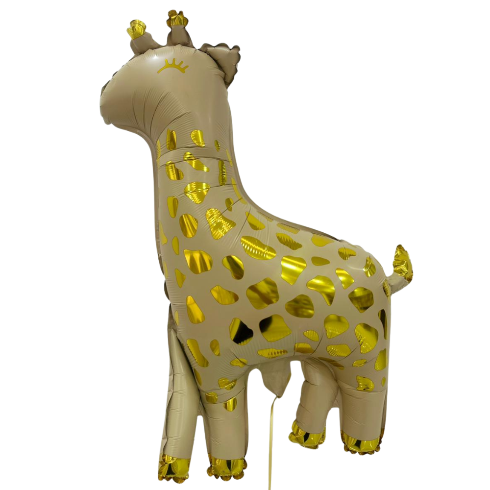 Giraffe Foil Balloon: A large Mylar balloon shaped like a giraffe, featuring reflective gold spots and accents, perfect for jungle-themed celebrations.