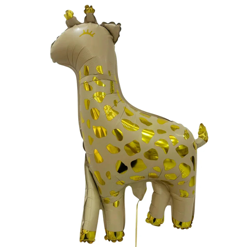 Giraffe Foil Balloon: A large Mylar balloon shaped like a giraffe, featuring reflective gold spots and accents, perfect for jungle-themed celebrations.