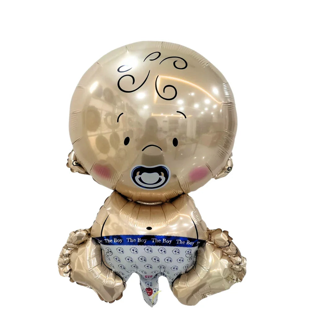 Gender Reveal Foil Balloon shaped like a cartoon infant with a pacifier and printed diaper, perfect for party announcements.