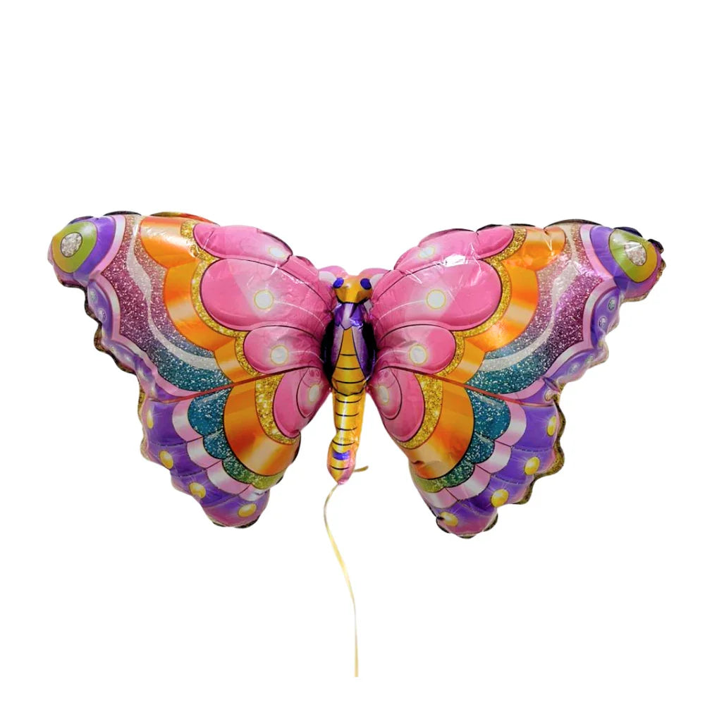 Butterfly Foil Balloon with vibrant wings and glitter-like pattern, ideal for adding charm to parties or celebrations. Perfect for birthdays or garden events.
