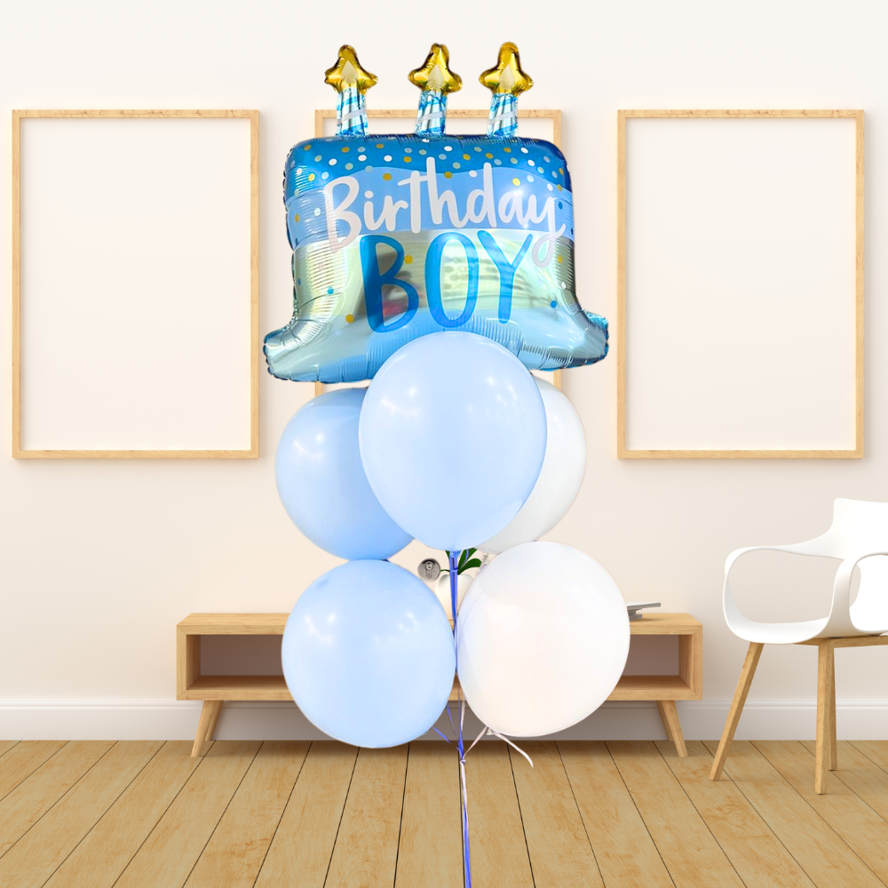 Birthday Boy Helium Balloon Bouquet featuring a large square foil balloon with Birthday Boy text and five round latex balloons, ideal for celebratory events.