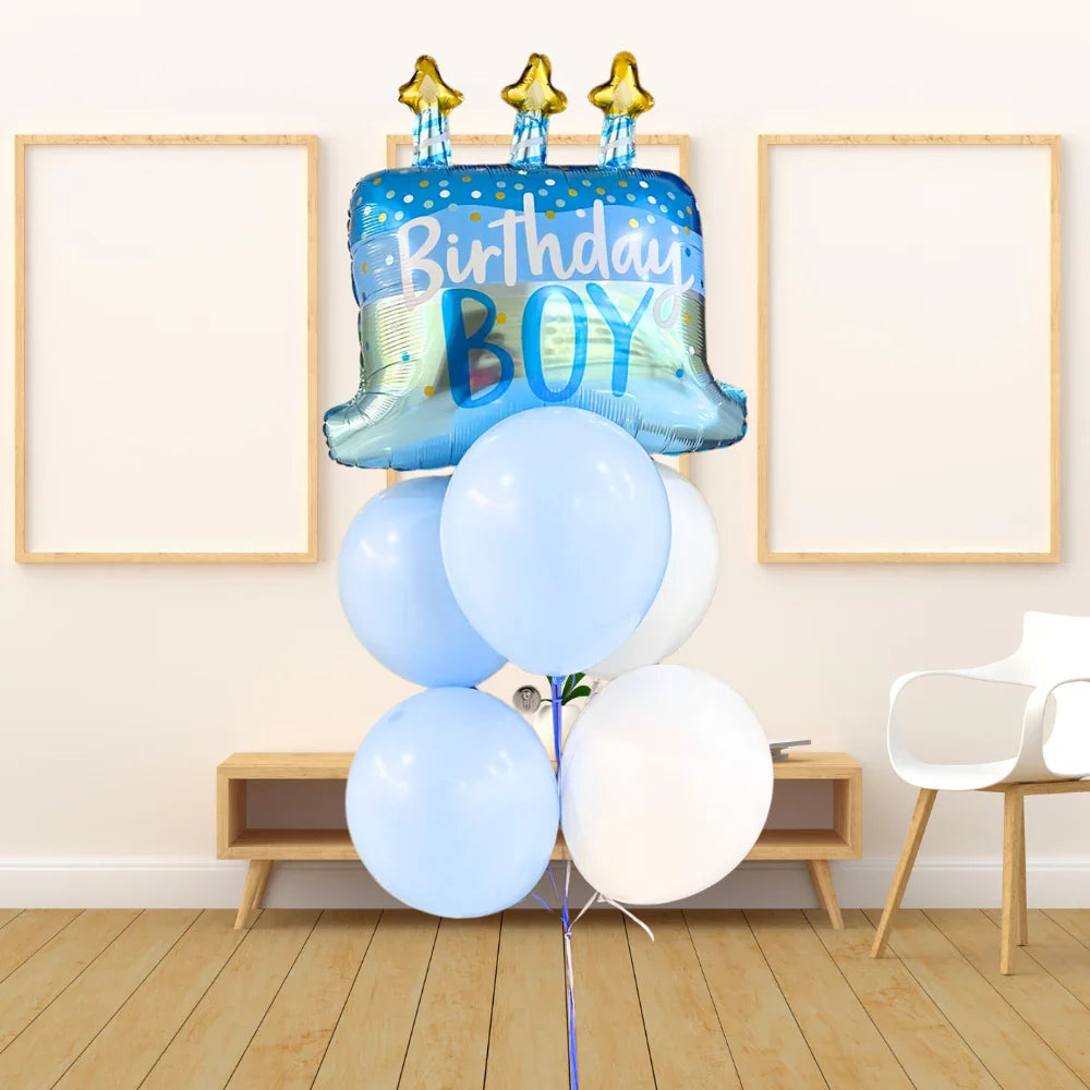 Birthday Boy Helium Balloon Bouquet featuring a large square foil balloon with Birthday Boy text and five round latex balloons, ideal for celebratory events.