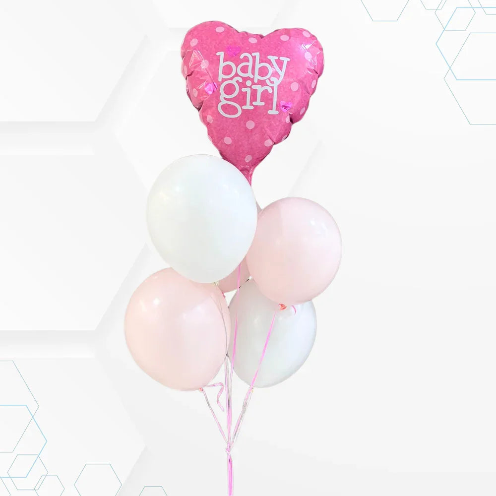 Tiny Miracle Helium Balloon Bouquet featuring a Baby Girl heart-shaped foil balloon with pastel pink and white latex balloons, perfect for celebrating new arrivals.