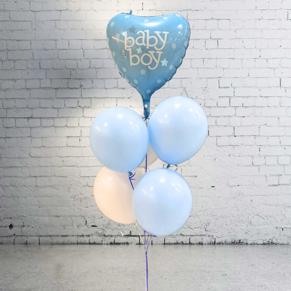 Tiny Miracle Helium Balloon Bouquet featuring a baby boy heart-shaped foil balloon with five pastel latex balloons, perfect for celebrating new arrivals.