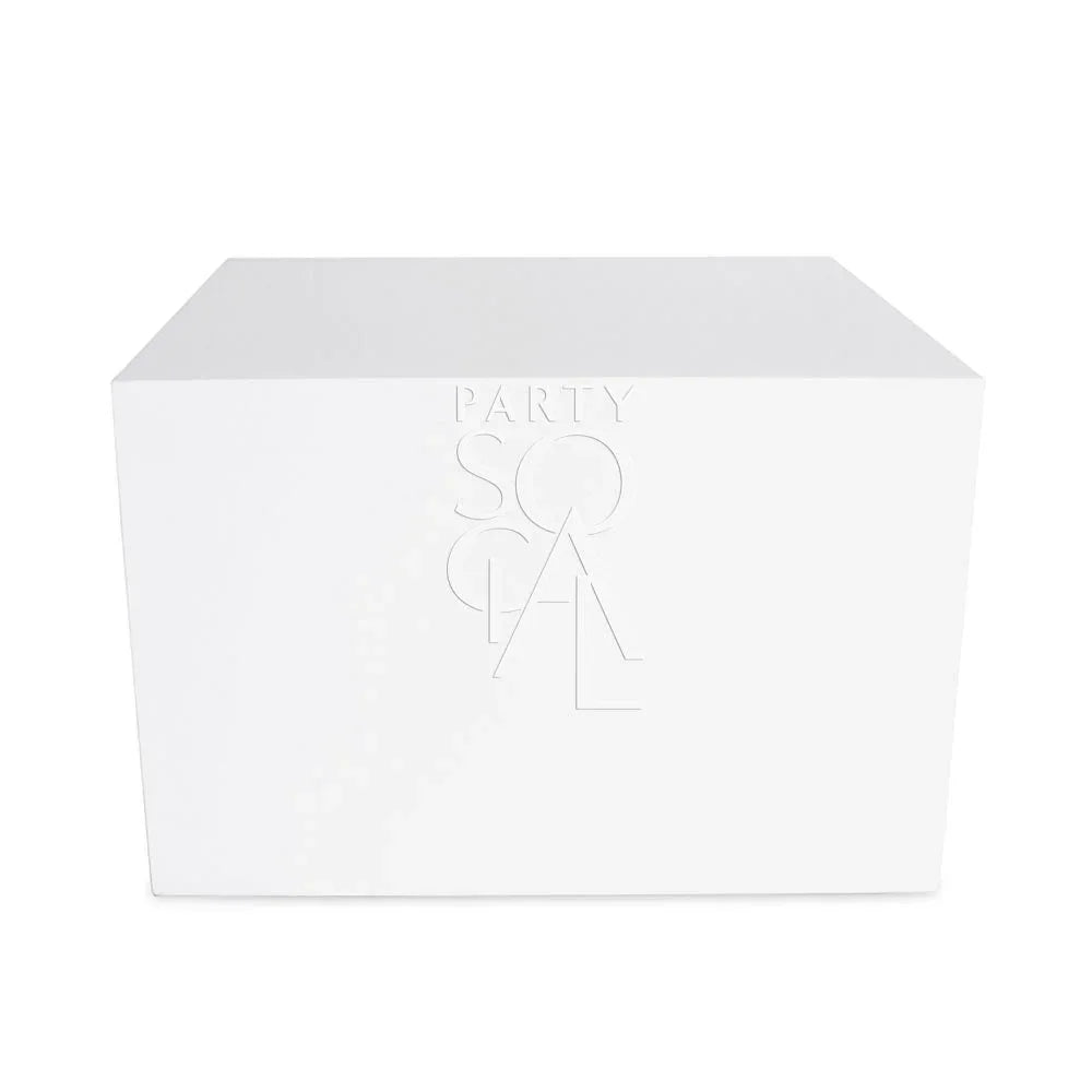 BOXY WHITE COFFEE TABLE, a sleek square design, ideal for versatile event settings, available through Party Social&
