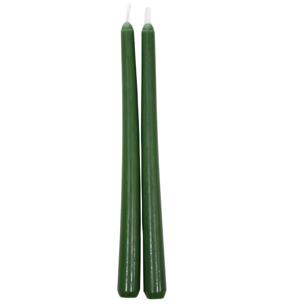 Tapered Flame Smokeless Candles: Two elegant, artisan-made dark green taper candles, smokeless and dripless, perfect for adding warmth and charm to any event setting.