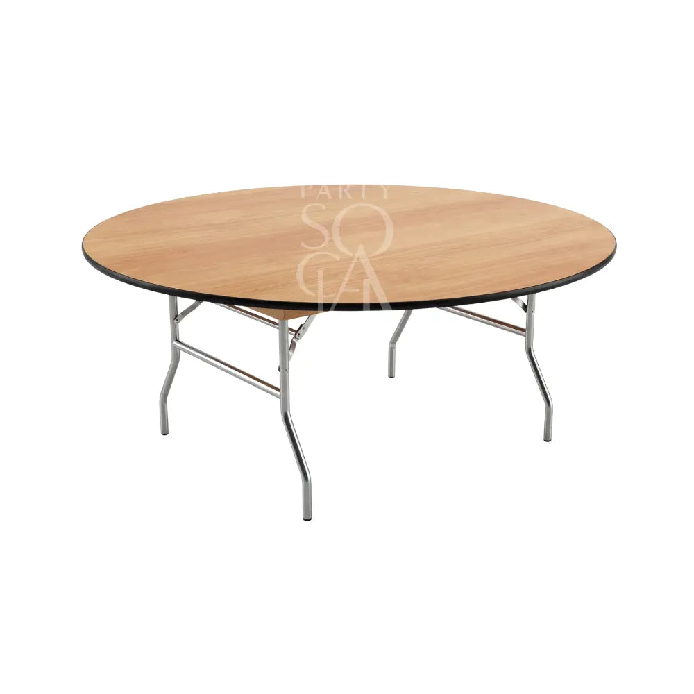 ROUND BANQUET TABLES with fold-away metal legs, ideal for events, seating 6-8 people comfortably. Perfect for Dubai hotel functions and ballrooms.