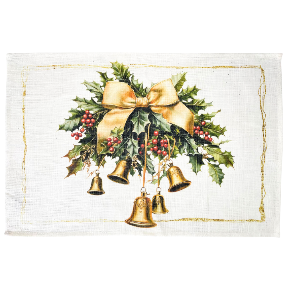 Golden Carol Linen Placemat featuring a holly and gold bells motif, ideal for enhancing your festive table setting. Sold in a pack of four.