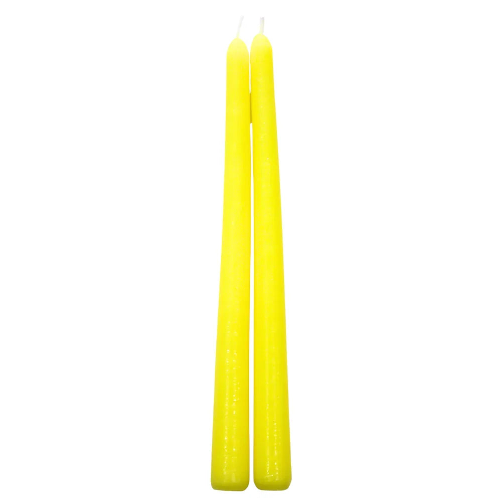 Tapered Flame Smokeless Candles, two slender yellow tapers, artisanally crafted in Belgium, perfect for creating a warm ambiance at events. Sold in pairs.