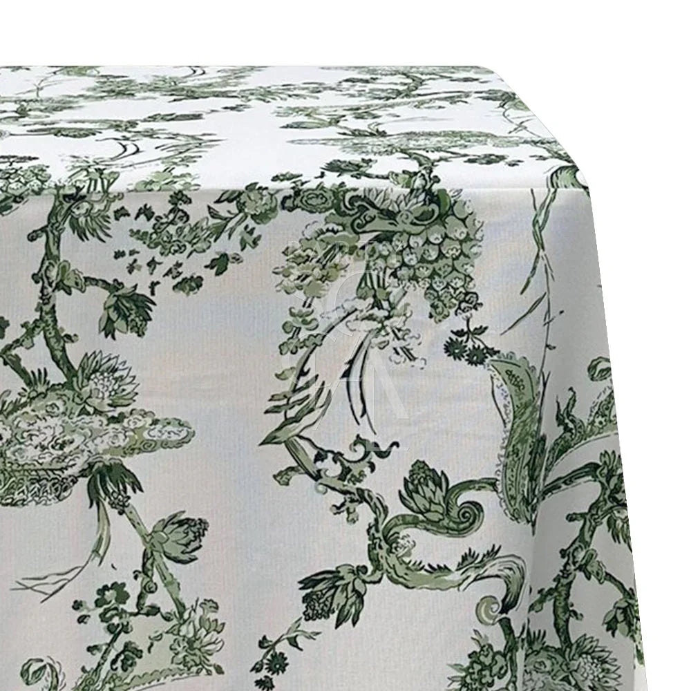 GREEN VINE RECTANGULAR TABLECLOTH with a detailed green and white floral pattern, ideal for enhancing dining setups at parties and special events.