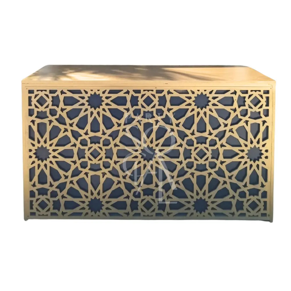 Arabesque Gold Bar Unit with intricate geometric design, concealing an outdoor HVAC unit, ideal for elegant events like Ramadan Iftars or Middle Eastern-themed gatherings.