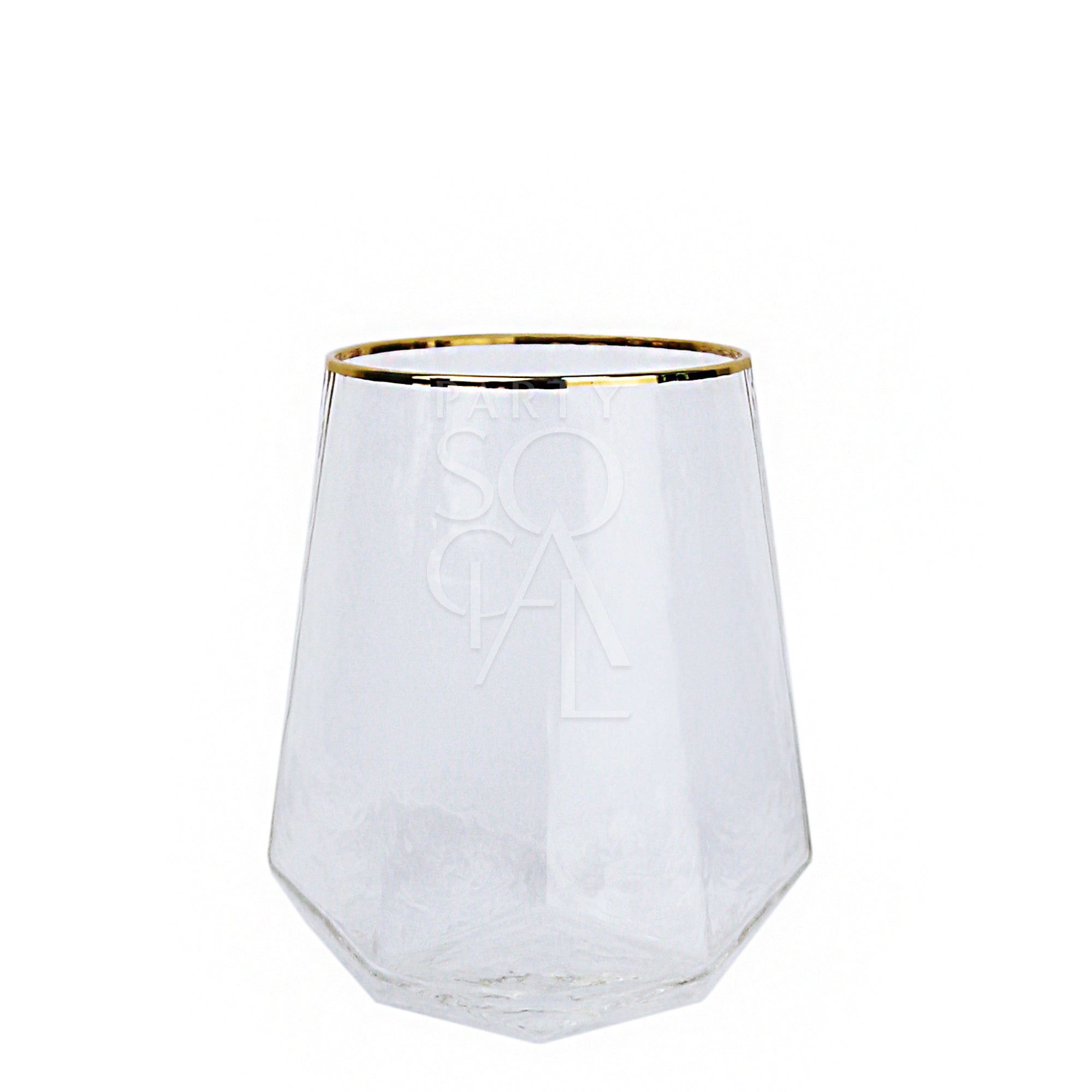 GOLD RIMMED GEOMETRIC GLASSES showcasing a clear, elegantly designed champagne glass with a gold rim, ideal for enhancing premium tablescapes and special events.