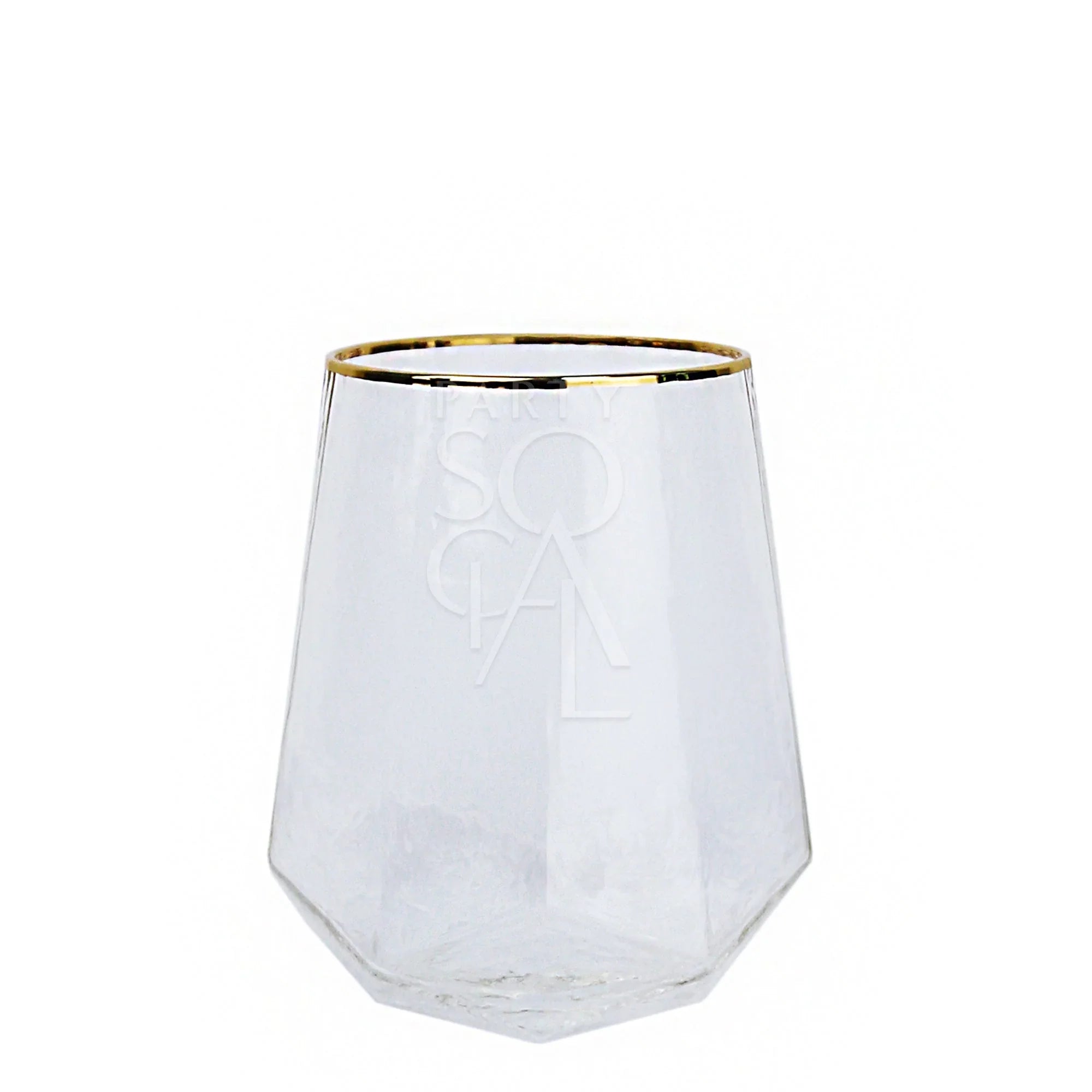 GOLD RIMMED GEOMETRIC GLASSES showcasing a clear, elegantly designed champagne glass with a gold rim, ideal for enhancing premium tablescapes and special events.